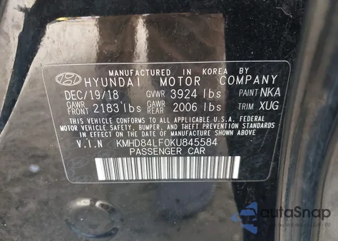 2019 Hyundai Elantra Sel z USA, uszkodzony, nr VIN KMHD84LF0KU845584
